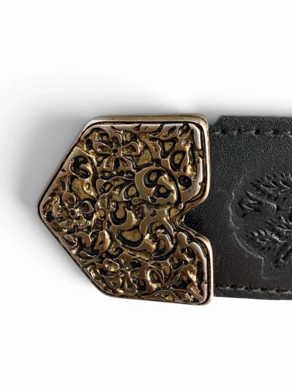 AXCESS Black Leather Belt M Ornate Gold Tone Floral Buckle Made in Italy